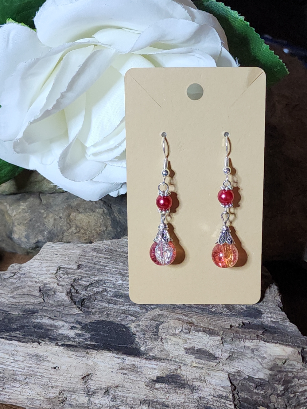Drop Earrings With Faux Red Pearls And Crackled Glass And Silver Toned Accents